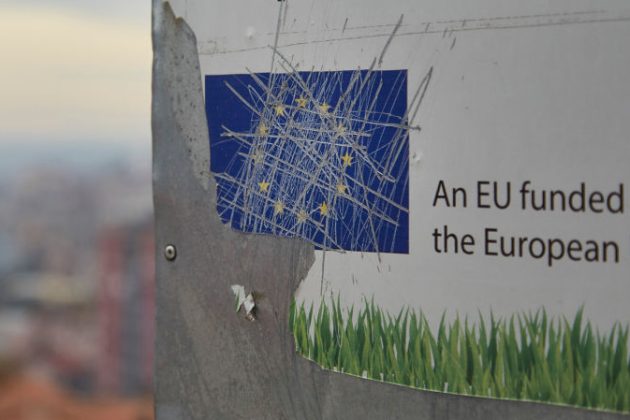 MITROVICA, KOSOVO - OCTOBER 24: A board promoting the construction of a park funded by the European Union is seen vandalized in North Mitrovica on the Kosovo Serb side on October 24, 2020 in Mitrovica, Kosovo. (Photo by Pierre Crom/Getty Images)