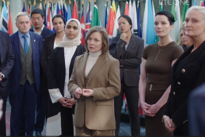 A fictional 'Swedish Prime Minister' Greta Thunberg addresses the media at the a 2050 U.N. meeting. (Credit: RTÉ)