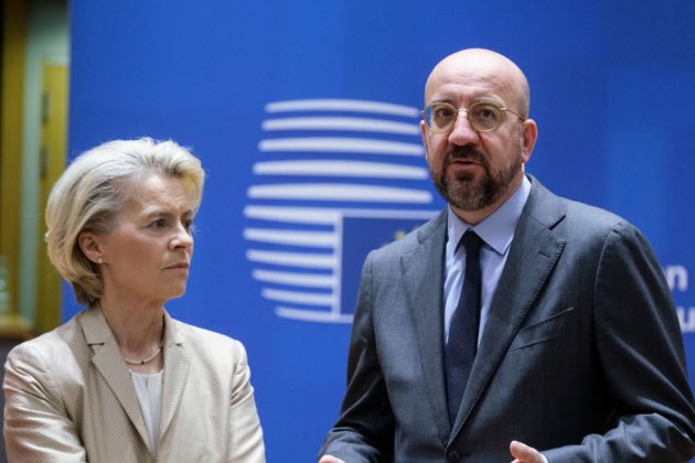EU leaders Charles Michel and Ursula von der Leyen have lashed out at Russia after the country's government declared it is in a "state of war" in Ukraine for the first time. (Photo by Thierry Monasse/Getty Images)