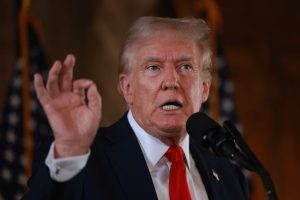 Former US President Donald Trump has blasted the EU after Brussels demanded his podcast interview with X owner Elon Musk be censored. (Photo by Joe Raedle/Getty Images)